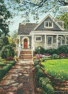 a painting of a house with steps leading to the front door and flowers on the lawn