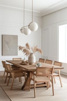 Neutral modern dining room decor with wood dining table and rattan dining chairs Modern Dining Room Decor, Dining Room Decor Modern, Rattan Dining Table, Dining Room Design Modern, Dinner Room, Rattan Dining