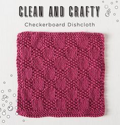 a pink knitted dishcloth with the words clean and crafty written on it