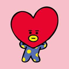 a red heart with a blue and yellow polka dot outfit holding it in the shape of a teddy bear