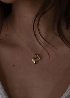 Maison Heart Locket Necklace & Milestone Drop Charm Stack - Kinn Heart Shape Locket Gold, Double Pendant Necklace, Gold Necklace Stack, Puffed Heart Necklace, Heart Gold Necklace, K Pendant, Heart Diamond Necklace, Locket Ideas, Heart Shape Necklace