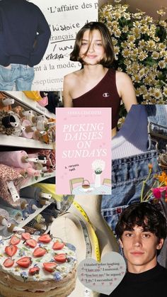 a collage of photos with flowers, clothing and other things in it that are being displayed