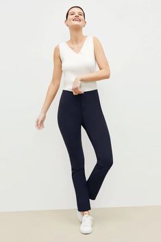 These high-waisted, better-than-denim straight jeans are crafted from a machine-washable Turkish two-way stretch cotton that provides comfort, ease, and excellent recovery (no baggy knees here!). Stretch Straight Jeans For Business Casual, Business Casual Stretch Straight Jeans, Modern Stretch Straight Bottoms, Modern Straight Stretch Bottoms, Versatile Straight Leg Elastane Pants, High Rise Pants For Spring, Chic Spring Elastane Jeans, Versatile Straight Leg Elastane Jeans, Stretch Elastane Jeans For Business Casual