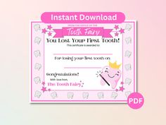 a tooth fairy certificate is shown with the text, you lost your first tooth