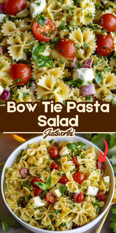 bow tie pasta salad with tomatoes, mozzarella and parsley