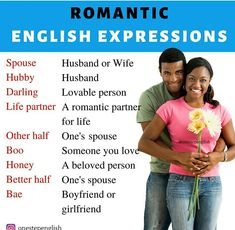 a man and woman hugging each other with the words romantic english expressions on them,