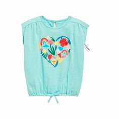 Old Navy Girl's Loose Cinched-Hem Graphic Top For Toddler Size 4t Heart Of Summer Color Short Dolman Cap Sleeves Shirred Shoulders Graphic Print Across Front Hits At Waist Elastic Cinched-Hem With Decorative Bow Tie At Center High Scoop Neck With Button Loop Keyhole Opening At Nape 60% Cotton, 40% Polyester Brand New With Original Tag Playful Light Blue Tops For Playwear, Cute Light Blue Tops For Playwear, Cute Light Blue Playwear Tops, Playful Light Blue Tops For Spring, Light Blue Tops For Spring Playwear, Light Blue Tops For Playwear In Spring, Multicolor Spring Playwear Tops, Cute Blue Tops For Playwear, Playful Green Tops For Playwear