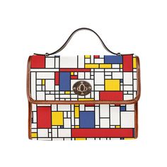 "Women's Handbag, Retro Handbag, Women's Purse, Mondrian Purse, Mod 60s, 60s Style bag, 60s Style purse, 60s inspired, 60s Style handbag Custom handmade to order. Designed in California. Manufactured overseas. I designed this handbag to celebrate Piet Mondrian's abstract geometric painting from the  60s era. It comes with a removable shoulder straps as well. A great classic for your retro style outfit and goes with everything even in today's fashion! I hope you enjoy my design. A statement piece Vintage Rectangular Flap Bag For Office, Vintage Rectangular Flap Bag With Detachable Handle, Retro Flap Bag With Detachable Strap For Travel, Retro Square Satchel For School, Retro Tote Satchel For Office, Retro Clutch Bag For Everyday Use, Retro Red Square Shoulder Bag, Retro Shoulder Flap Bag For Travel, Retro Travel Flap Shoulder Bag