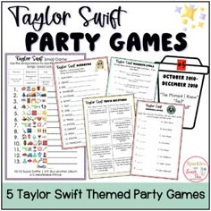 five taylor swift party games with the text taylor swift themed party games