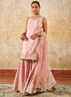 Pink Embroidered Gharara Suit Pink Indian Suit, Pink Gharara, Asian Suits, Pink Sharara, Dupatta Embroidery, Gharara Suits, Engagement Lehenga, Half Saree Lehenga, Celebrity Closet