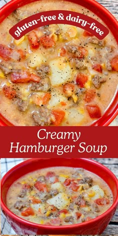 two bowls of creamy hamburger soup with text overlay