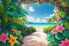 an image of a tropical beach scene with flowers and palm trees