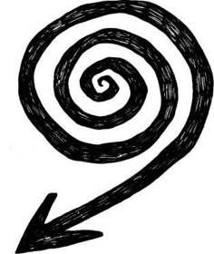 a black and white drawing of a spiral with an arrow pointing to the right, vintage line drawing or engraving illustration