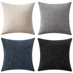 four different color pillows on white background