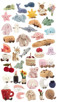 many different stuffed animals are shown together