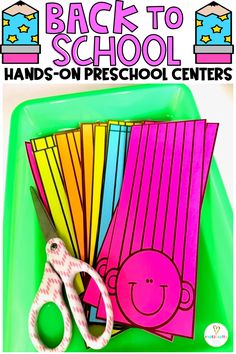 the back to school hands - on preschool center is filled with colorful paper and scissors