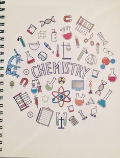 a spiral notebook with the words chemistry surrounded by doodles of science and laboratory equipment