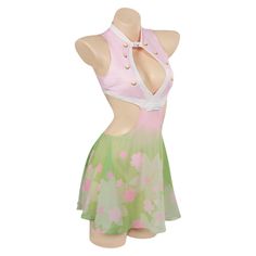 Fitted Spring Costumes For Cosplay, Sleeveless Cosplay Costume, Fitted Pink Costume With Anime Print, Fitted Sleeveless Cosplay Costume, Rave Swimwear For Summer Costume Party, Summer Costume Party Fitted Costumes, Fitted Summer Costumes For Costume Party, Fitted Swimwear For Summer Cosplay, Summer Fantasy Cosplay Dresses