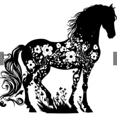 a black and white silhouette of a horse with flowers