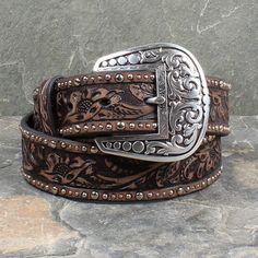 Ariat Brown Concho Studded Belt Country Belt Buckles, Western Belts For Women, Bb Simon Belts, Ariat Belts, Cowboy Belts, Belt Ideas, Country Belts, Cowgirl Belts, Bling Belts