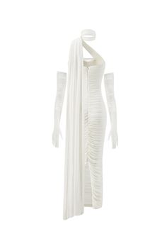 Make a stunning statement in The Gia Dress. This maxi dress hugs your curves in all of the right places, and comes with long mesh gloves that add an elegant touch. The mesh ribbon around the neck will make you feel chic and beautiful. Complete the look with a pair of heels and statement earrings. Glamorous White Midi Dress For Evening, Elegant White Mesh Dress For Summer, Elegant White Stretch Maxi Dress, Elegant Stretch White Maxi Dress, Chic White Mesh Dress For Evening, White Backless Maxi Dress For Evening, White Sheer Mesh Dress For Evening, White Stretch Evening Dress, White Mesh Dress For Evening