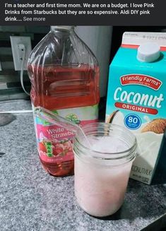 a bottle of coconut milk next to a carton of pink liquid and a carton of yogurt