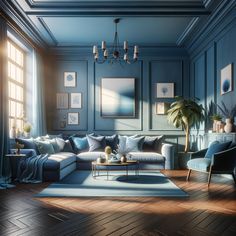 a living room with blue walls and wood flooring is pictured in this artist's rendering