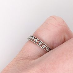 A stackable band with natural diamond accents in 14k solid White gold that can sit with your ring perfectly, or be worn on its own! Designer Silver Jewellery, Stackable Bands, Jewelry Showcases, Earring Findings, Pendant Bracelet, Estate Jewelry, Wedding Band, Wedding Rings Engagement, Ring Earrings