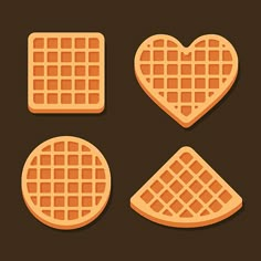 four waffles in the shape of hearts on a brown background, three are cut into squares and one is shaped like a heart