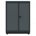 a gray cabinet with two doors on one side and an open door on the other