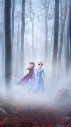 two frozen princesses are walking through the woods in their blue dresses and cloaks