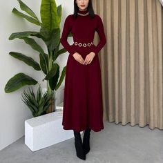 This stunning midi dress is made from a soft, breathable knitted fabric. I recommend wearing it with a belt of your choice at the waist. This dress is perfect for any special occasion. The long bat sleeves and modest neckline make it a versatile choice for weddings, engagements, formal events or even a day out. The waist is elastic. Belt not included. Dress Length: 127cm (may vary between 1-3 cm.) You can choose the size you often use. The model in the image is 170 cm and weighs over 54 kilos and the product is size (US:XS - EU:S) Washing Instructions You can wash your product preferably at low temperature (15/30) by turning it inside out and extend its life. The dress is not see-through. Whether you're a bridesmaid, a guest at a wedding, or simply looking for a chic and comfortable dress, Midi Elegant Dress, Modest Neckline, Bat Sleeves, Dress Modest, Modest Dress, Turtleneck Dress, Halloween 2, Bat Sleeve, Comfortable Dress