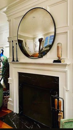 there is a mirror above the fireplace in this living room with peacocks on the mantle