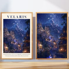 two framed pictures with the words, velarris and an image of a city at night