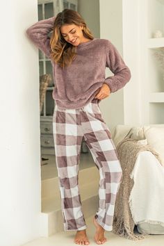 The Pink Fuzzy Knit Sweater & Plaid Pants Pajama Set has you covered! With its soft, fuzzy sweater and playful plaid pants, this set is perfect for snuggling up on chilly nights or enjoying a lazy morning at home. Product code: CAA10A4K005DC Features:  Pattern: Gingham Material: 100%POLYESTER. Modest Pajamas Women, Cozy Pyjamas, Fluffy Pjs, Fuzzy Pj Pants, Fall Pajamas, Winter Pjs, Comfy Sleepwear, Cozy Pjs, Lazy Morning