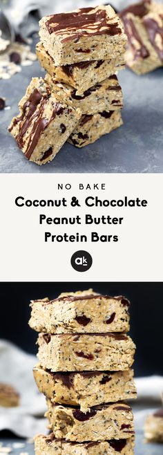 no bake coconut and chocolate peanut butter protein bars stacked on top of each other