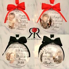 three glass ornaments with red ribbon and pictures on them, one is for a baby's first christmas ornament