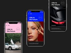 three smartphones with different ads on them, one is displaying an ad for the future