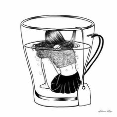 a black and white drawing of a woman in a cup