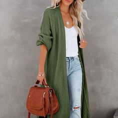 Your New Go-To Cardigan To Make A Statement. This Thick Knit Duster Cardigan Is Detailed With Side Slits And An Open Front Style. An Essential Piece To Match Well With Jeans Or Skirts. Long Solid Color Casual Cardigan, Green Winter Cardigan For Day Out, Casual Long Green Cardigan, Long Knit Cardigan For Day Out, Green Cardigan For Day Out, Green Open Front Cardigan For Day Out, Knit Duster, Chic Cardigan, Fall Cardigan