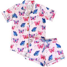 This beautiful butterfly print is simply perfect for the summer. The gorgeous butterflies add the right pop of color to the subtle pink background. And of course- the thick soft bamboo! Butterfly print with pink background and blue piping detail; 2pc set; Short sleeve button up with collar; Vintage wooden buttons; Elastic waist shorts with drawstring; Relaxed fit; Fits true to size. Perfect for a matching Mommy & Me look with other styles in this collection. | Royal Babies & Tots | Theresah Wome Pink Cotton Sleepwear For Summer, Pink Printed Sleepwear With Relaxed Fit, Pink Printed Relaxed Fit Sleepwear, Pink Short Sleeve Sleepwear For Spring, Pink Cotton Summer Sleepwear, Summer Pink Cotton Sleepwear, Casual Pink Floral Print Sleepwear, Fitted Summer Sleepwear With Short Sleeves, Pink Relaxed Fit Sleepwear For Summer