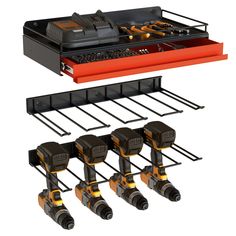 the tool rack is holding tools and other items for construction work, such as screwdrives