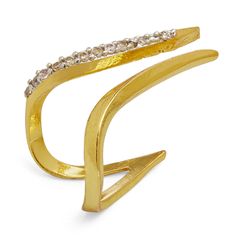 The Sinna Ring invites you to appreciate the charm of simplicity, allowing your interpretation to shine through. Whether worn as a statement piece or as an everyday expression of elegance, this adjustable ring embodies a fusion of timeless charm and contemporary allure. With its radiant 22k gold plating and a row of brilliant white cubic zirconia on an adjustable brass base, the Sinna Ring reflects Dhwani Bansal's signature style.  Please note, that the jewellery is meticulously handcrafted, and Minimalist Open Ring With Single Cut Diamonds, Elegant Double Band Jewelry With Single Cut Diamonds, Modern Twist Diamond Open Ring Jewelry, Modern Gold Crystal Ring In Sterling Silver, Gold Crystal Sterling Silver Modern Ring, Adjustable Minimalist Diamond Ring With Accents, Minimalist Adjustable Diamond Ring With Accents, Modern Yellow Gold Jewelry With Single Cut Diamonds, Modern Twist Open Ring Jewelry With Diamond Accents