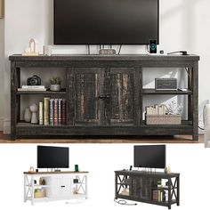 the entertainment center is made from wood and has two doors on each side, one door open to reveal a flat screen tv