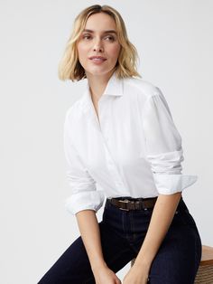 Worn by style icons of the past and present, there's something so timeless about a classic button-down shirt. Our newest addition to the line up is crafted in 100% cotton with a drop shoulder that's somewhere between structured and relaxed. For a menswear-inspired look, cuff the sleeves. | J.McLaughlin Women's Finn Shirt White | Cotton Neutral Shirt, Holiday Shoot, White Button Up Shirt, White Cotton Shirt, J Mclaughlin, Crisp White Shirt, White Button Up, Old Money Style, White Solid