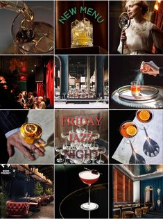 the collage shows different types of cocktails and drinks in glassware, including wine glasses