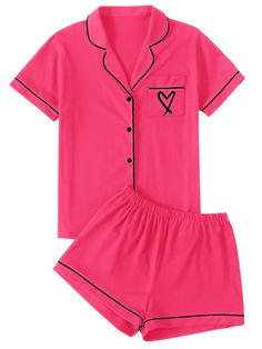 PRICES MAY VARY. Two piece sleepwear set feature with button down shirt and a pair of elastic waist shorts. Soft fabric, breathable and comfy to wear. Notch neck button front shirt top with a chest pocket with heart embroideried, elastic waistband shorts. Summer V neck shorts lounge set for women and girls. Contrast solid color, piping binding trim design, cute and elegant loungwear set. Relaxed fit and cozy style that you can style from day to night. Short sleeve notch collar pajamas set suitab Christmas Pajamas Set, Pj Fits, Wardrobe Build, Night Shirts For Women, Night Wear Pajamas, Pajama Sets For Women, Pink Pjs, Shorts Sleepwear, Pjs Set