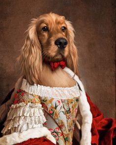 a painting of a dog wearing a red bow tie and white dress with flowers on it