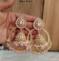 *Light Weighted Gold earrings tikka set. *Earrings length: 4 inches  (with drops)  *Width : 2.4 inches Pink Chandbali Danglers For Diwali, Pink Round Chandelier Earrings For Wedding, Pink Earrings With Stone Work For Wedding, Heavy Pink Danglers As Gift, Pink Chandbali Danglers For Festive Occasions, Heavy Pink Chandbalis For Festive Occasions, Elegant Pink Chandbalis With Latkans, Heavy Pink Chandbalis For Celebration, Pink Heavy Chandbalis For Celebration