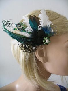 White Green Teal Duck and Peacock Feathers Fascinator Hair Clip "Reva" Bridal Wedding Rustic Barn Co Green Headband Fascinator For Wedding, Green Headband For Wedding, Green Wedding Headband Hair Accessory, Bohemian Wedding Headband With Handmade Flowers, Green Wedding Headband, Green Feathered Headpiece For Weddings, Bohemian Adjustable Fascinator For Weddings, Wedding Feather Headband Hair Accessories, Bohemian Wedding Headpiece With Handmade Flowers